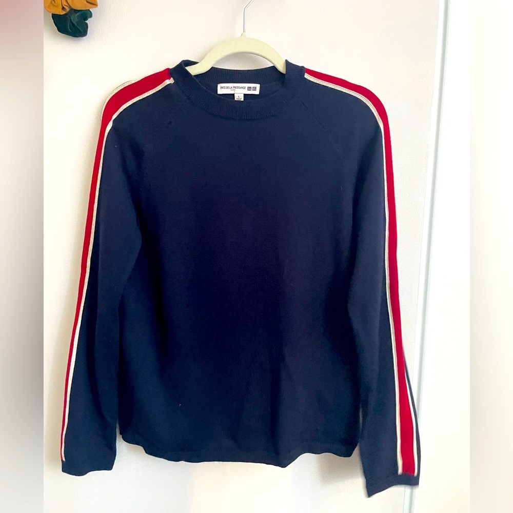 100% Wool Navy Mock Neck Uniqlo Sweater with Red/White Stripe Detail